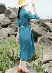 Original Design Blue Green Stand Collar Tie Waist Linen Long Dress Half Sleeve