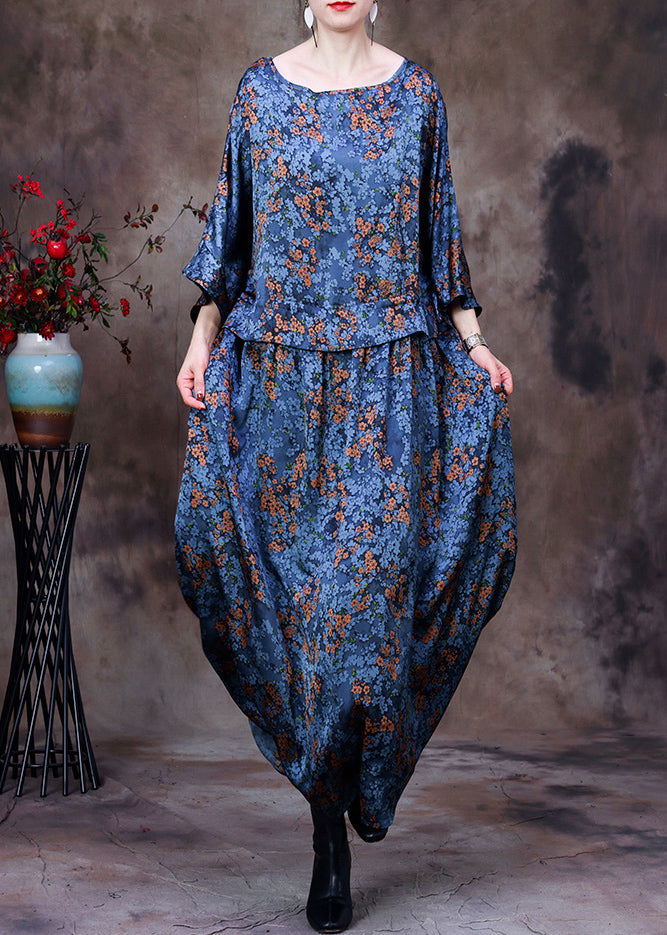 Original Design Blue O-Neck Drawstring Print Silk Loose Dresses Bracelet Sleeve