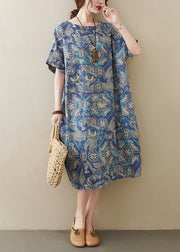 Original Design Blue O-Neck Print Cotton Loose Dress Short Sleeve