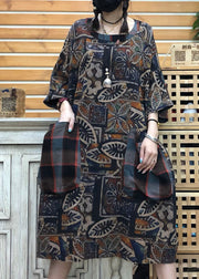 Original Design Chocolate O-Neck Print Patchwork Pockets Linen Dress Half Sleeve