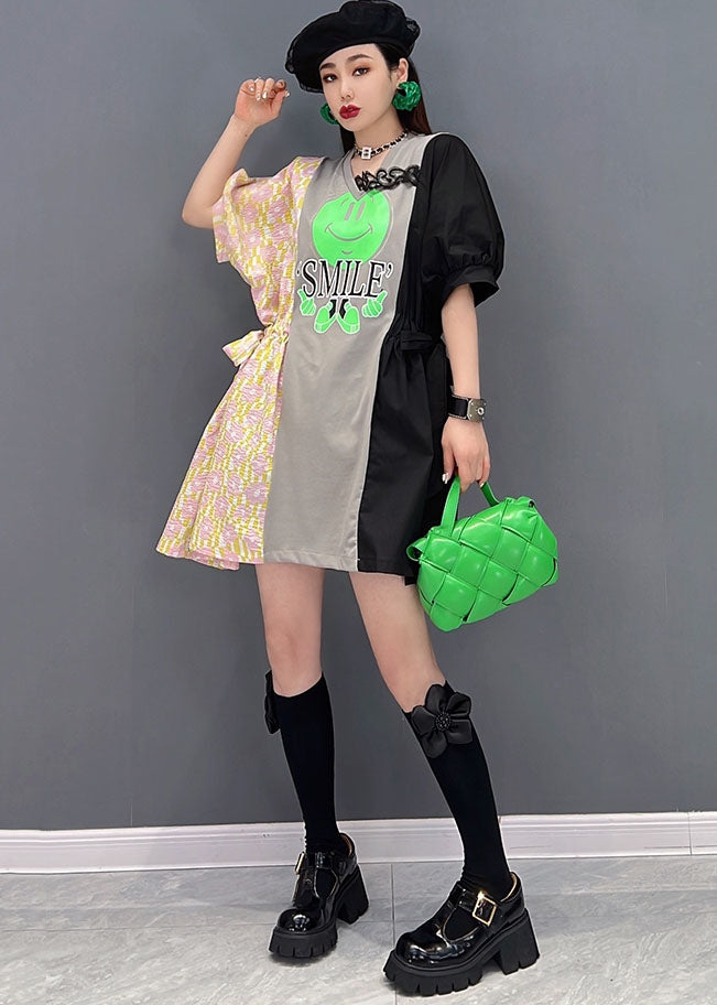 Original Design Colorblock Asymmetrical Patchwork Cotton Cinch Dress Summer