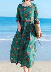 Original Design Green O-Neck Print Tie Waist Cotton Linen Holiday Dresses Half Sleeve