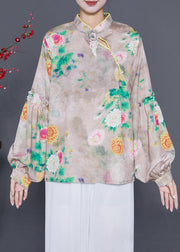 Original Design Mandarin Collar Print Tassel Silk Shirts Lantern Sleeve