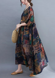 Original Design O-Neck wrinkled Print Loose Long Dress Short Sleeve