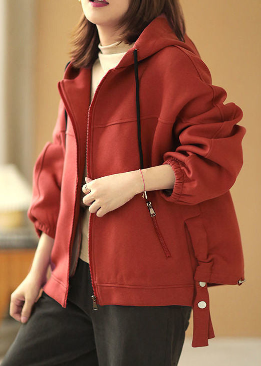 Original Design Red Zip Up Pockets Cotton Hooded Coat Fall