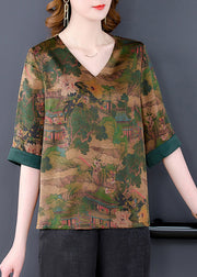 Original Design Retro Green V Neck Print Side Open Silk Top Half Sleeve