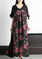 Original Design Rose Print V Neck Patchwork Silk Party Dress Batwing Sleeve