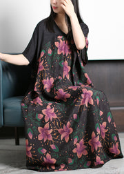 Original Design Rose Print V Neck Patchwork Silk Party Dress Batwing Sleeve