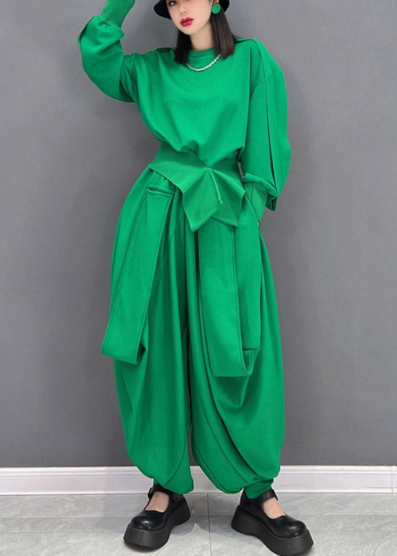 Original Design Solid Green O-Neck Asymmetrical Loose Sweatshirts Top And Harem Pants Two Piece Set Long Sleeve