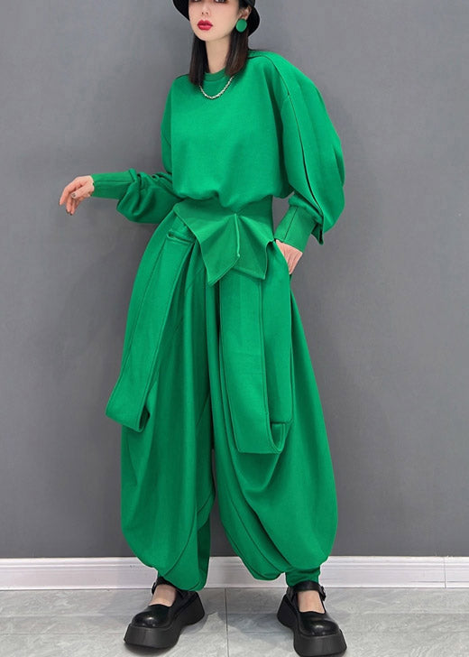 Original Design Solid Green O-Neck Asymmetrical Loose Sweatshirts Top And Harem Pants Two Piece Set Long Sleeve