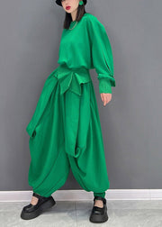 Original Design Solid Green O-Neck Asymmetrical Loose Sweatshirts Top And Harem Pants Two Piece Set Long Sleeve