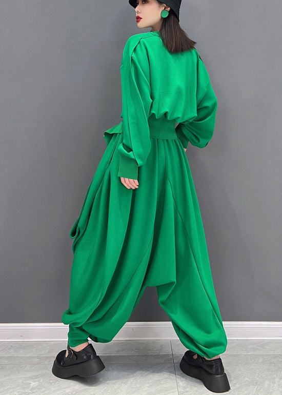 Original Design Solid Green O-Neck Asymmetrical Loose Sweatshirts Top And Harem Pants Two Piece Set Long Sleeve