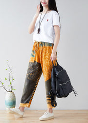 Original Design Yellow Elastic Waist Print Cotton Pants Spring