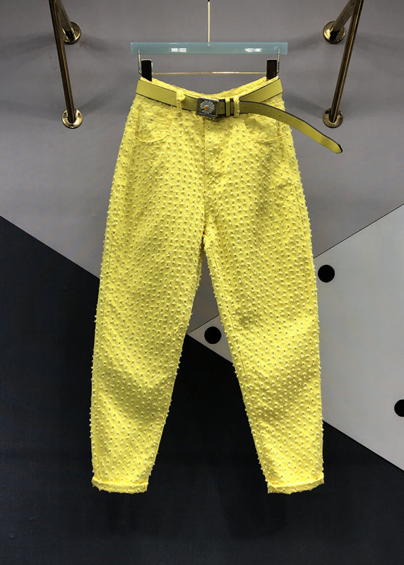 Original Design Yellow Pockets Hollow Out Denim Pants Fall