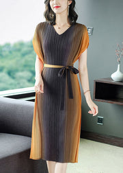 Original Design Yellow V Neck Wrinkled Chiffon Dresses Short Sleeve