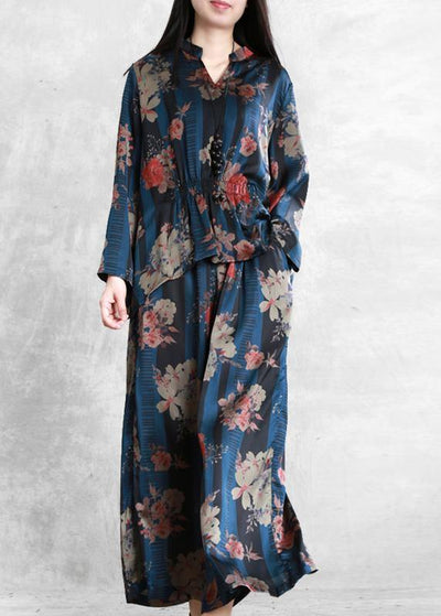 Original Elegant Silk Blue Print Set Loose V-Neck Top + Casual Wide Leg Pants - bagstylebliss