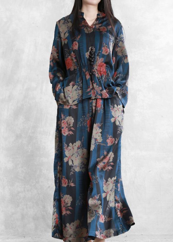 Original Elegant Silk Blue Print Set Loose V-Neck Top + Casual Wide Leg Pants - bagstylebliss