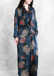 Original Elegant Silk Blue Print Set Loose V-Neck Top + Casual Wide Leg Pants - bagstylebliss