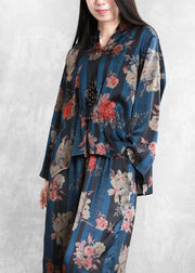 Original Elegant Silk Blue Print Set Loose V-Neck Top + Casual Wide Leg Pants - bagstylebliss