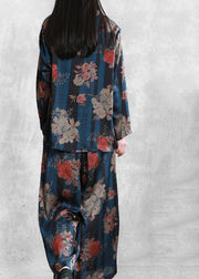 Original Elegant Silk Blue Print Set Loose V-Neck Top + Casual Wide Leg Pants - bagstylebliss