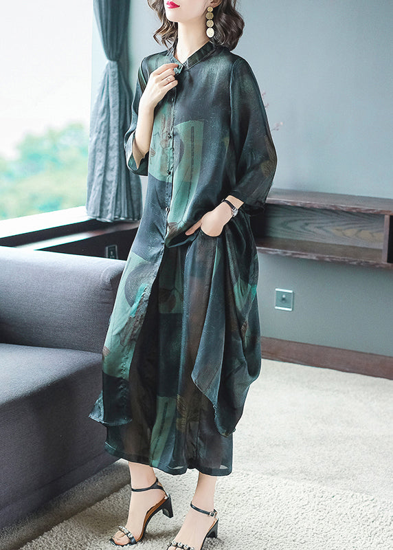 Original Green Pockets Print Thin Silk Shirt Dress And Wide Leg Pants Two Piece Outfit Summer