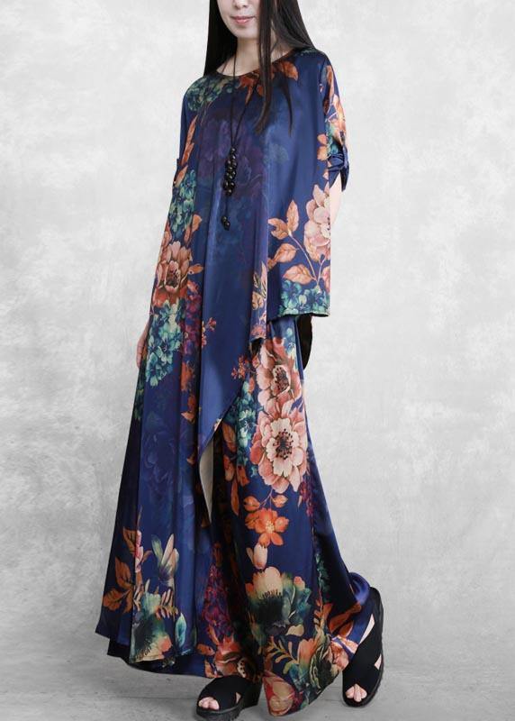 Original Literature And Art Blue Printing Large Mulberry Silk Suit Irregular Medium Long Casual Silk Two Piece Set - bagstylebliss