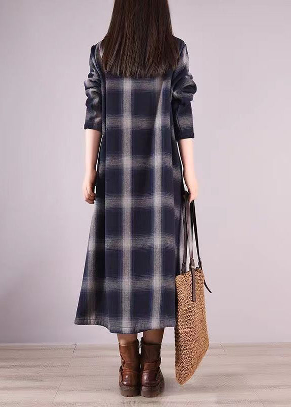 Original Navy Peter Pan Collar Plaid Warm Fleece Shirts Dress Fall