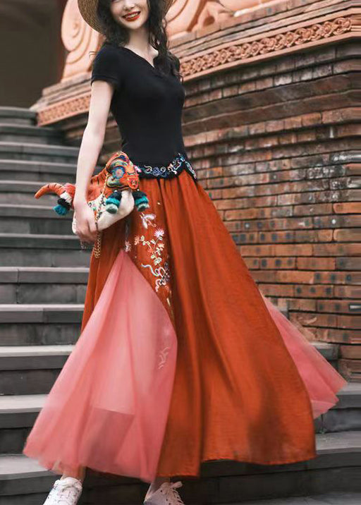 Original Orange Embroideried Patchwork Elastic Waist Tulle Skirts Summer