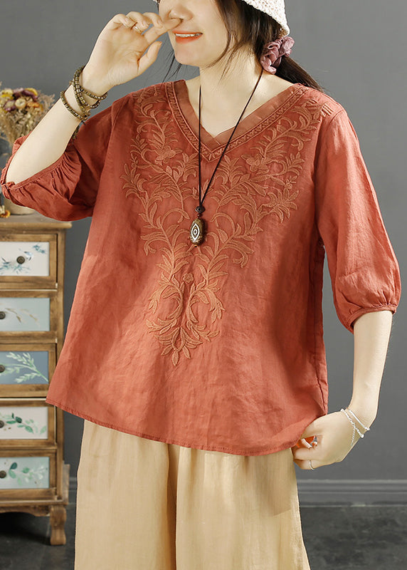 Original Orange V Neck Embroidered Tulle Patchwork Linen Top Summer