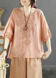 Original Orange V Neck Embroidered Tulle Patchwork Linen Top Summer