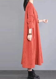 Original Orange V Neck Hollow Out Lace Patchwork Cotton Long Dresses Fall