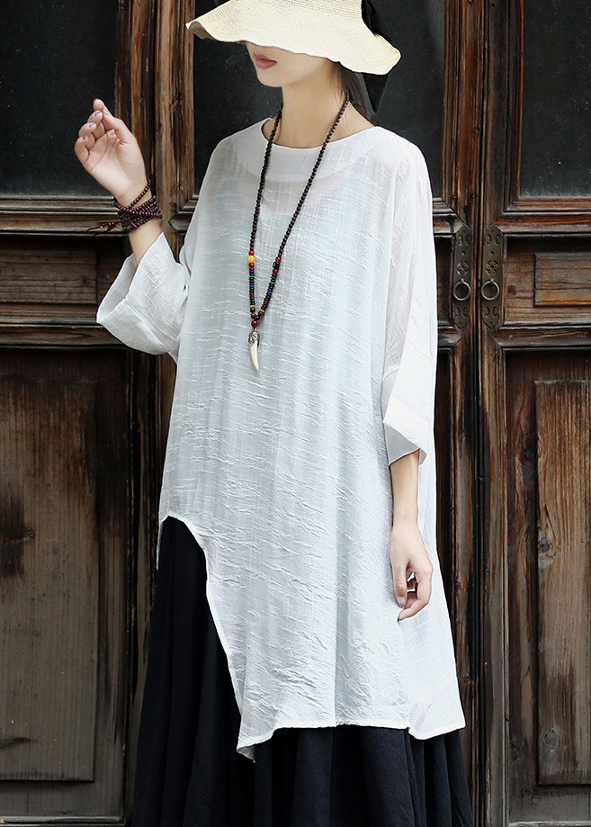 Original Solid White Asymmetrical Design Cotton Top Three Quarter sleeve