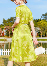 Original Yellow Green Side Open Jacquard V Neck Silk Dresses Short Sleeve