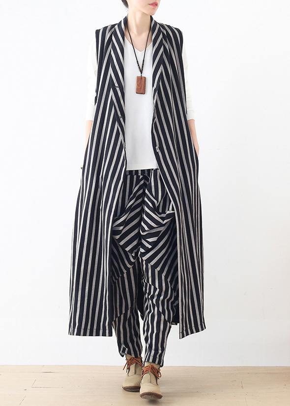 Original design loose medium length Beige striped vest elastic waist breeches suit - bagstylebliss