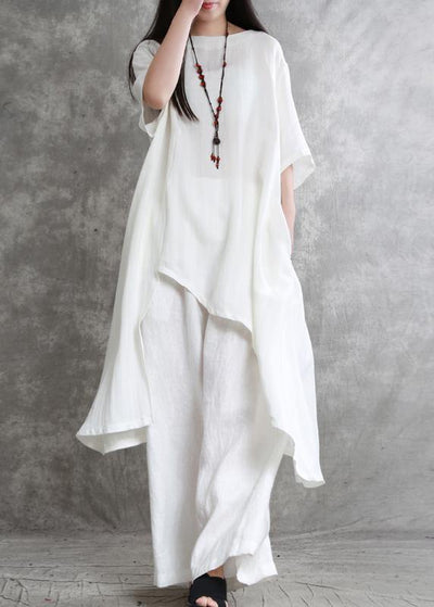 Original large size irregular cotton and linen suit female long section was thin white shirt wild wide-leg pants - bagstylebliss