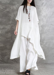 Original large size irregular cotton and linen suit female long section was thin white shirt wild wide-leg pants - bagstylebliss