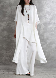 Original large size irregular cotton and linen suit female long section was thin white shirt wild wide-leg pants - bagstylebliss