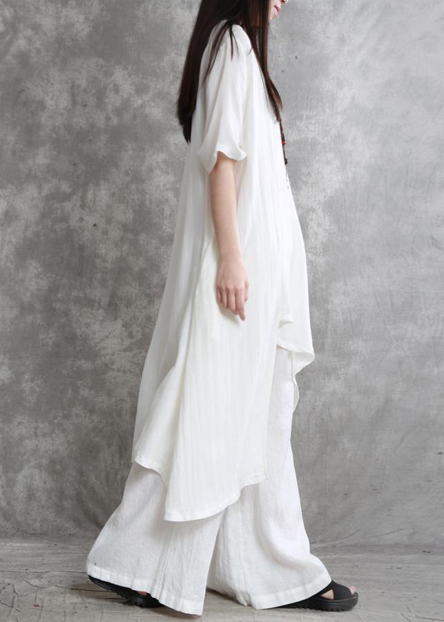 Original large size irregular cotton and linen suit female long section was thin white shirt wild wide-leg pants - bagstylebliss