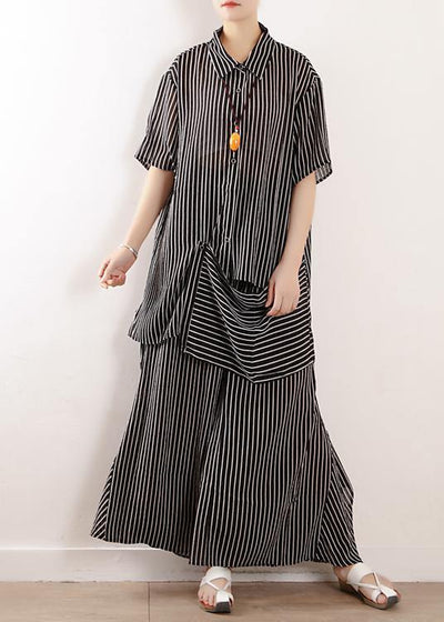 Original literary loose large size gray stripes were thin and irregular chiffon wide-leg pants two-piece suit - bagstylebliss