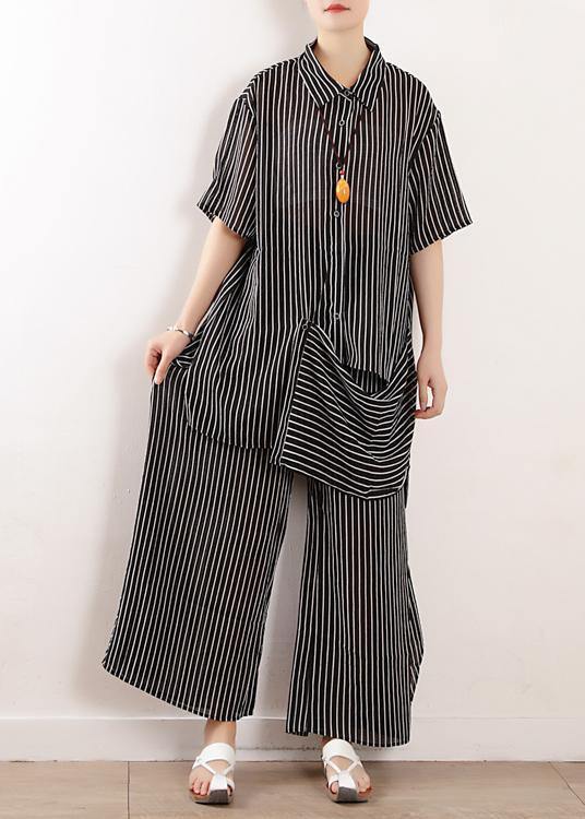 Original literary loose large size gray stripes were thin and irregular chiffon wide-leg pants two-piece suit - bagstylebliss