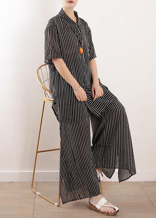 Original literary loose large size gray stripes were thin and irregular chiffon wide-leg pants two-piece suit - bagstylebliss