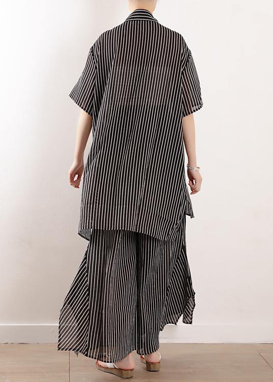 Original literary loose large size gray stripes were thin and irregular chiffon wide-leg pants two-piece suit - bagstylebliss