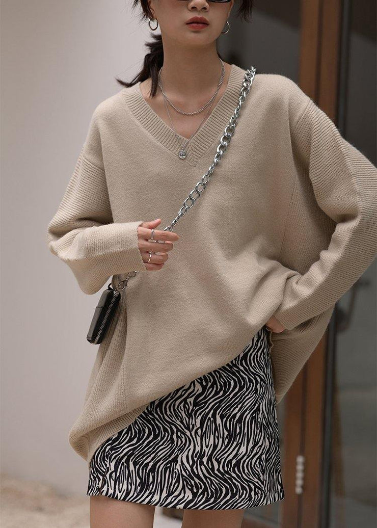 Over sized beige knitted clothes v neck oversized fall knit tops - bagstylebliss