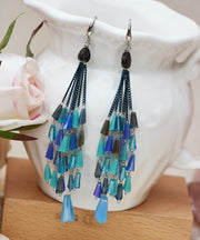 Oversize Green Copper Crystal Shell Flower Tassel Drop Earrings