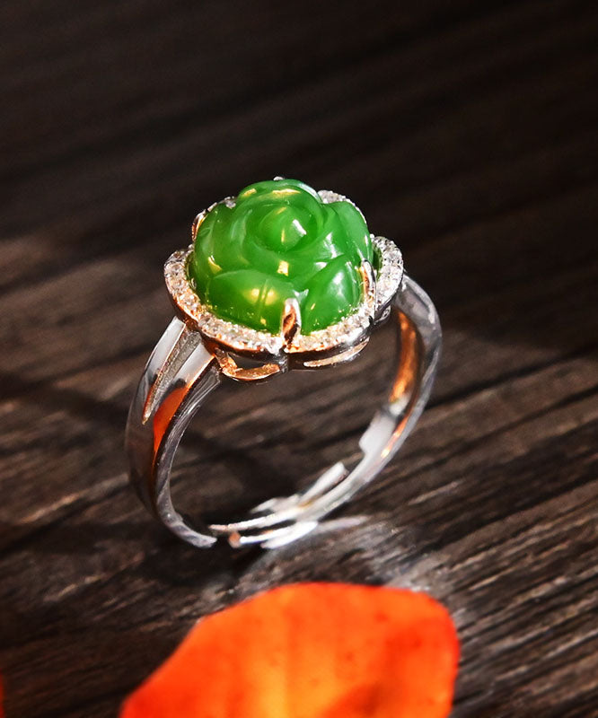 Oversize Green Sterling Silver Jade Zircon Floral Rings