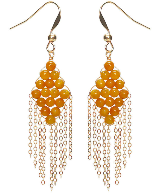 Oversize Yellow 14K Gold Amber Beeswax Tassel Drop Earrings