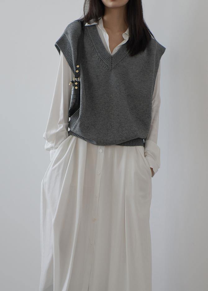 Oversized  gray knit tops oversized v neck sleeveless tops - bagstylebliss