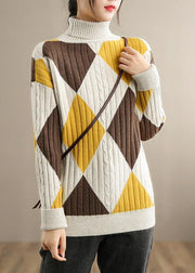 Oversized Beige Yellow Plaid Knitted Clothes High Neck Plus Size Knitwear - bagstylebliss