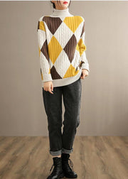 Oversized Beige Yellow Plaid Knitted Clothes High Neck Plus Size Knitwear - bagstylebliss