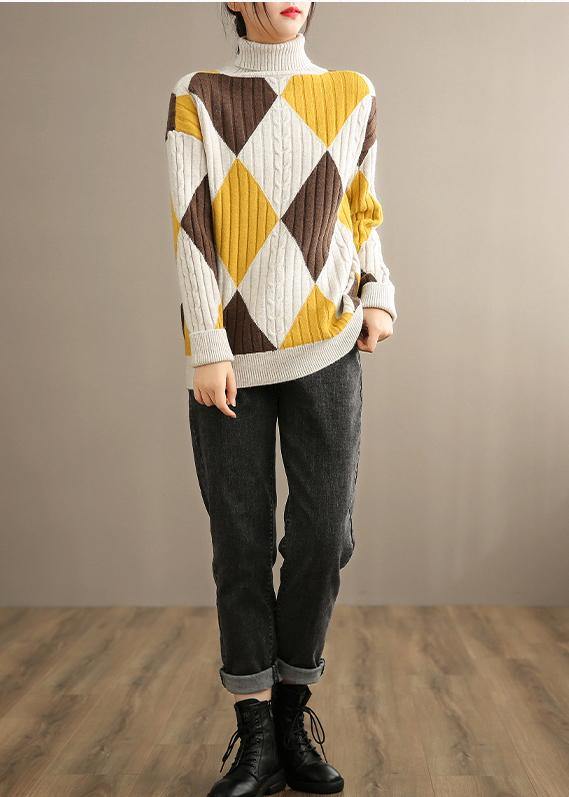 Oversized Beige Yellow Plaid Knitted Clothes High Neck Plus Size Knitwear - bagstylebliss